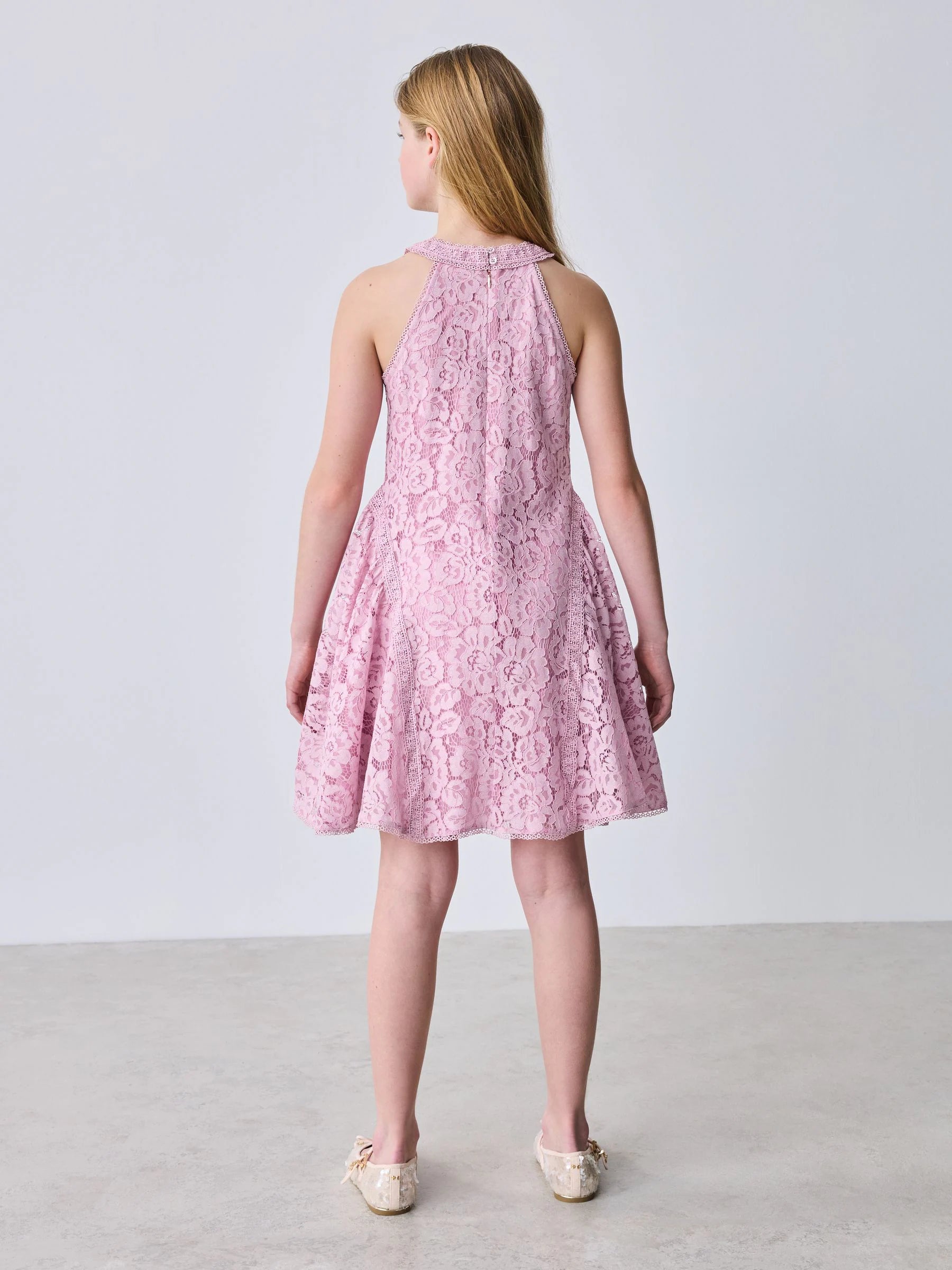Baker by Ted Baker Dusky Pink Lace Halter Drop Waist Dress