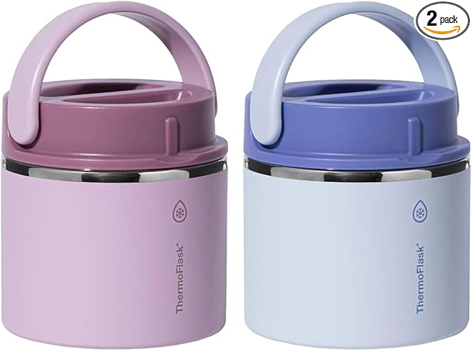 ThermoFlask 20 oz Insulated Food Jar, Leakproof Stainless Steel Food Containers, 2-Pack (Pink & Purple)