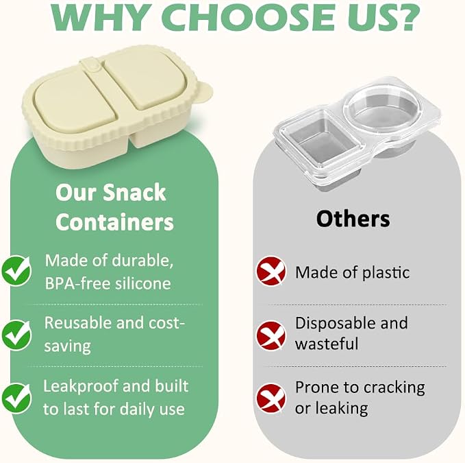 YQL 3 Pack Premium Silicone Reusable Snack Containers with Lids, Double Compartment Snack Box for Kids, Portable Food Containers for Sauce and Salad, Leakproof Snackle Packs for School, Picnic, Office
