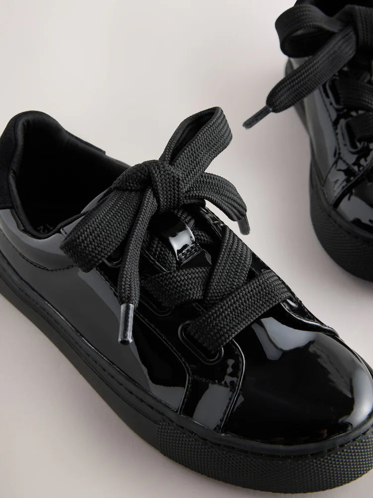 Black Patent Retro Lace Up School Trainers