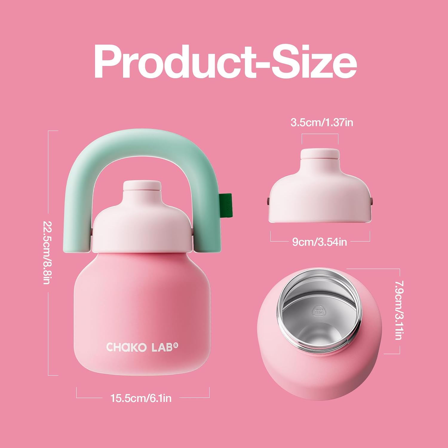 CHAKO LAB Water Bottle with Straw and Carry Handle | Wide Mouth vacuum insulated stainless steel Bottles | Reusable, leak-proof and BPA-free | 33oz(Pink&Red)