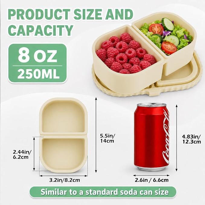 YQL 3 Pack Premium Silicone Reusable Snack Containers with Lids, Double Compartment Snack Box for Kids, Portable Food Containers for Sauce and Salad, Leakproof Snackle Packs for School, Picnic, Office