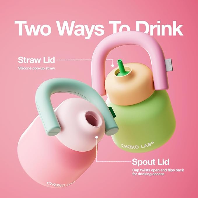 CHAKO LAB Water Bottle with Straw and Carry Handle | Wide Mouth vacuum insulated stainless steel Bottles | Reusable, leak-proof and BPA-free | 33oz (Pink&Green)