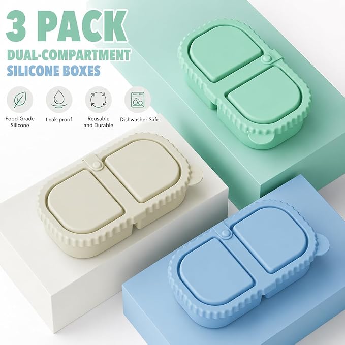 YQL 3 Pack Premium Silicone Reusable Snack Containers with Lids, Double Compartment Snack Box for Kids, Portable Food Containers for Sauce and Salad, Leakproof Snackle Packs for School, Picnic, Office