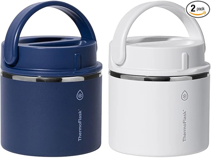ThermoFlask 20 oz Insulated Food Jar, Leakproof Stainless Steel Food Containers, 2-Pack (Blue & White)