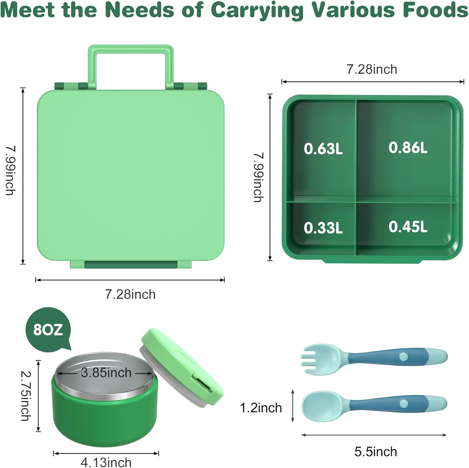 Bento Lunch Box with 8oz Soup Thermo, Kids Leakproof Lunch Food Containers with 4 Compartment, Kids Thermo Insulated Hot Food Jar for School, Trvael（Blue