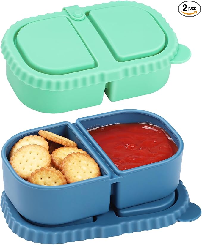 Yrarbil Silicone Snack Containers, 2 Pack Reusable Double Compartment Silicone Snack Boxes with Lids, Fruit and Salad Dressing Sauce Seasoning Container(Blue Green)