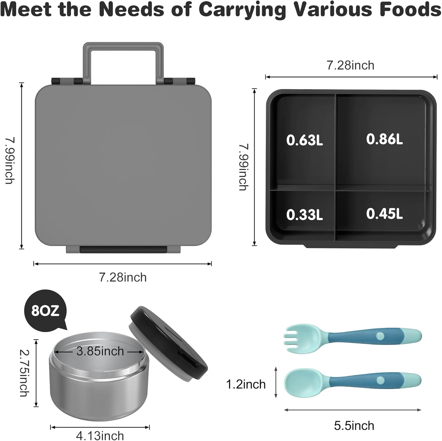 Bento Lunch Box with 8oz Soup Thermo, Kids Leakproof Lunch Food Containers with 4 Compartment, Kids Thermo Insulated Hot Food Jar for School, Trvael-Green