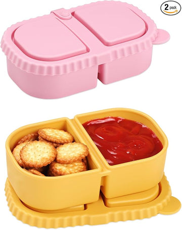 Yrarbil Silicone Snack Containers, 2 Pack Reusable Double Compartment Silicone Snack Boxes with Lids, Fruit and Salad Dressing Sauce Seasoning Container (Pink Yellow)