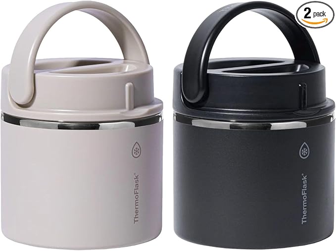 ThermoFlask 20 oz Insulated Food Jar, Leakproof Stainless Steel Food Containers, 2-Pack (Black & Gray)