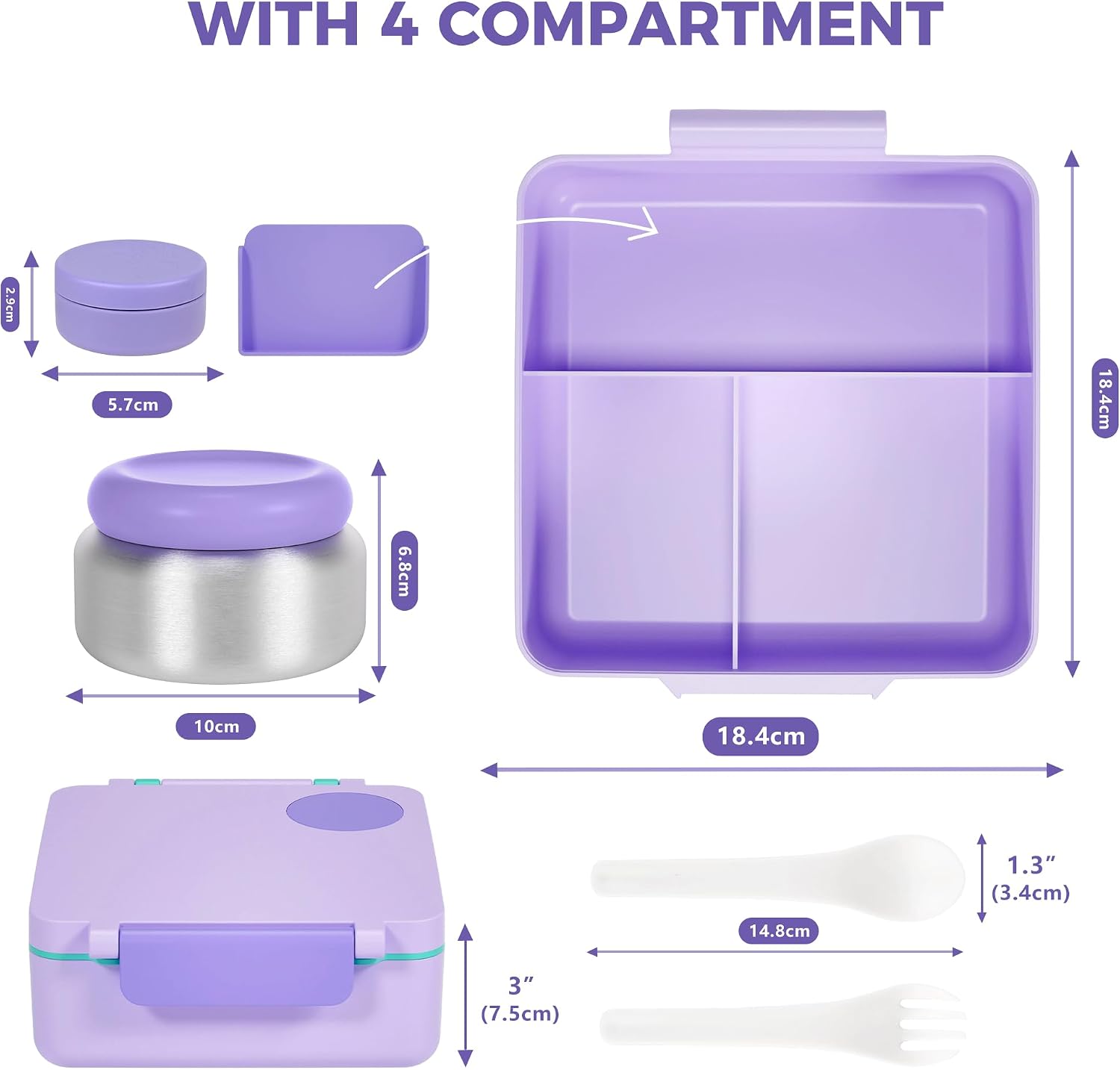 Bento Lunch Box Set for Kids & Adults, Leakproof 4-Compartment Container with Insulated Stainless Steel Food Jar, Utensils, BPA-Free, Microwave & Dishwasher Safe for School Work Travel (Purple)