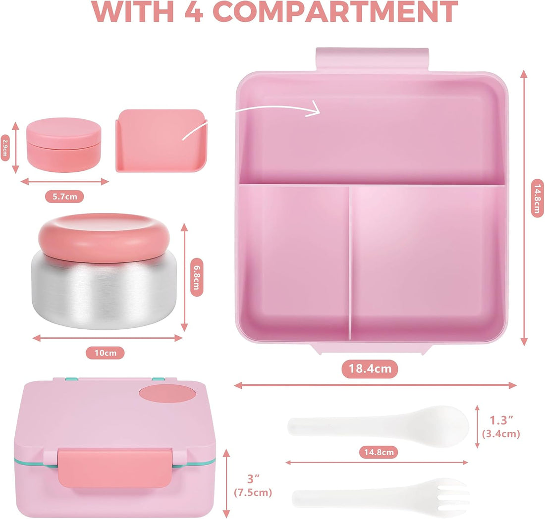 FOOYOO Bento Lunch Box Set for Kids & Adults, Leakproof 4-Compartment Container with Insulated Stainless Steel Food Jar, Utensils, BPA-Free, Microwave & Dishwasher Safe for School Work Travel（Pink）