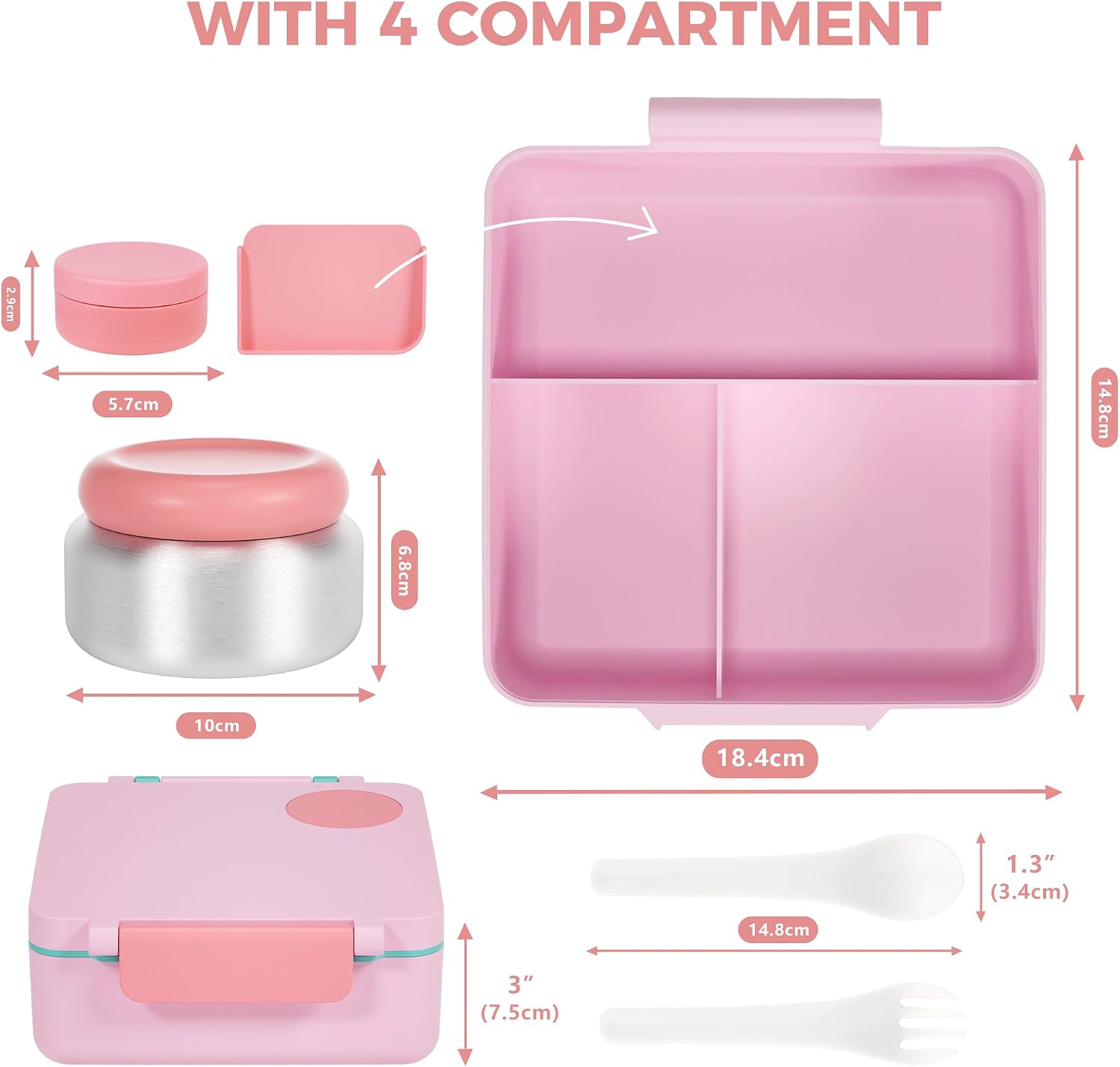 Bento Lunch Box Set for Kids & Adults, Leakproof 4-Compartment Container with Insulated Stainless Steel Food Jar, Utensils, BPA-Free, Microwave & Dishwasher Safe for School Work Travel（Pink）