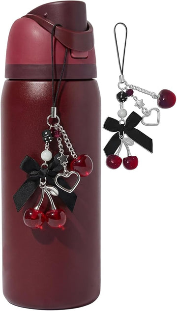 ouaohu Black Cherry for Owala Water Bottle 16oz, 19oz, 24 oz, 32 oz, 40 oz, Black Red Cherry with Cute Cherries and Bow Pendant - Perfect Accessories for Owala Tumbler | for Owalas FreeSip, Decor Gift