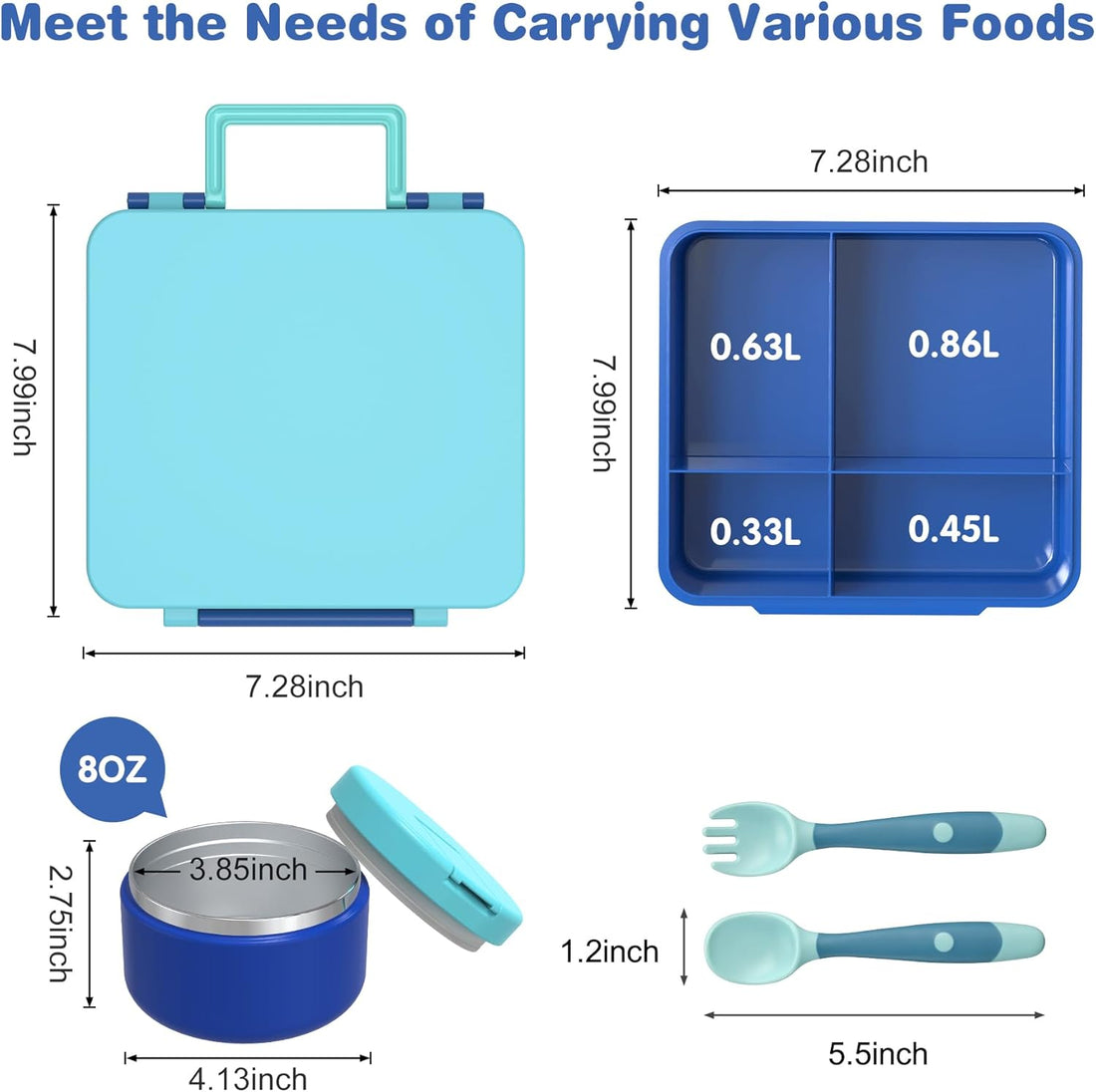Pawtong Bento Lunch Box with 8oz Soup Thermo, Kids Leakproof Lunch Food Containers with 4 Compartment, Kids Thermo Insulated Hot Food Jar for School, Trvael（Blue