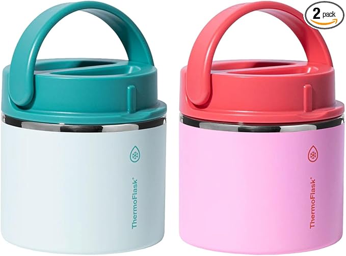 ThermoFlask 20 oz Insulated Food Jar, Leakproof Stainless Steel Food Containers, 2-Pack (Teal & Cherry)