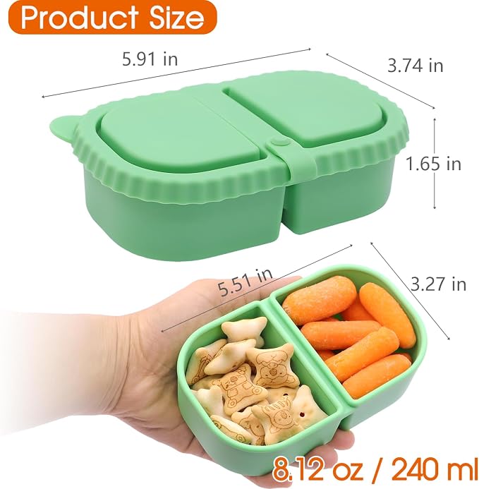 2 Pack Reusable Double Compartment Silicone Snack Boxes with Lids, Fruit and Salad Dressing Sauce Seasoning Container(Blue Green)