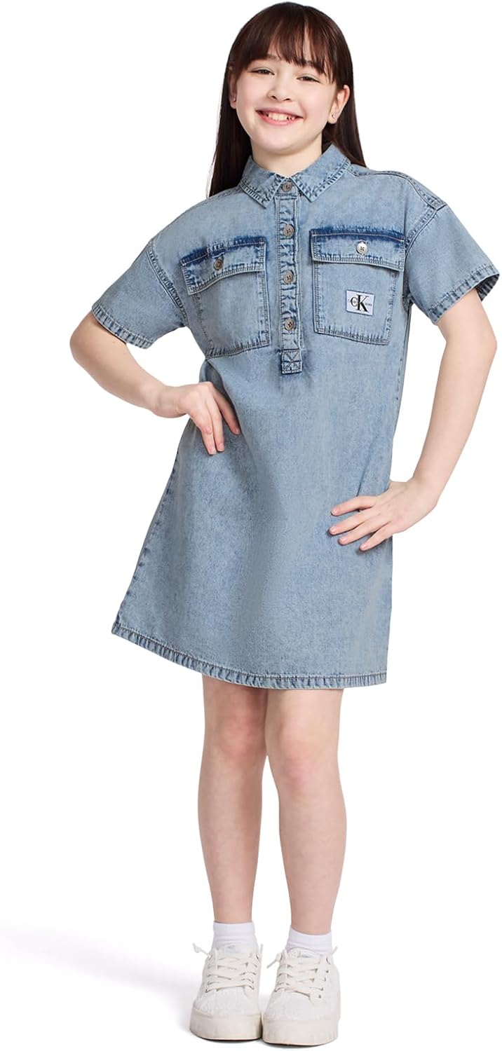 Calvin Klein Girls' Short Sleeve Lightweight Chambray Denim Shirt Dress