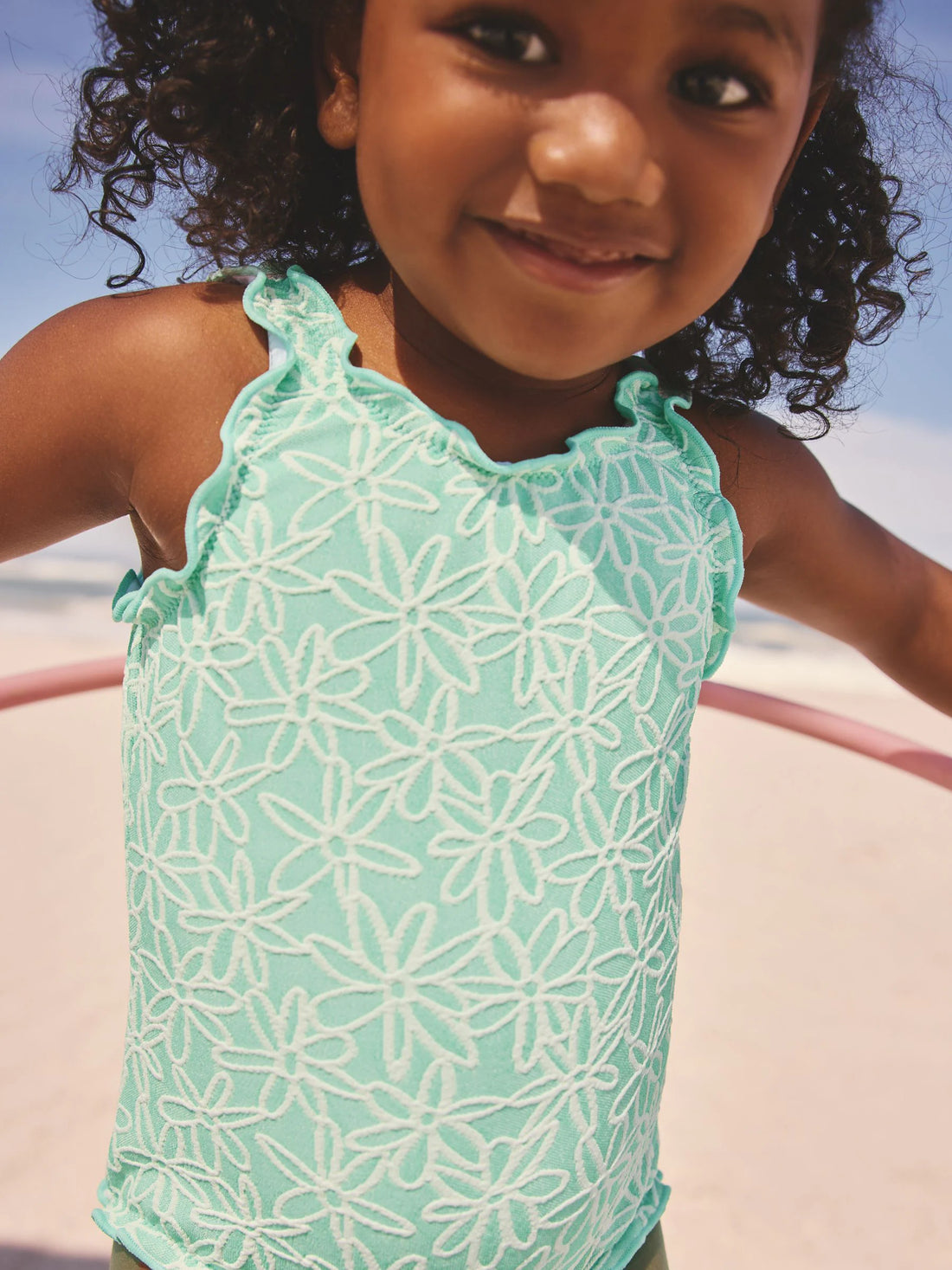 Mint Green Floral Texture Lettuce Edge Swimsuit (3mths-7yrs)