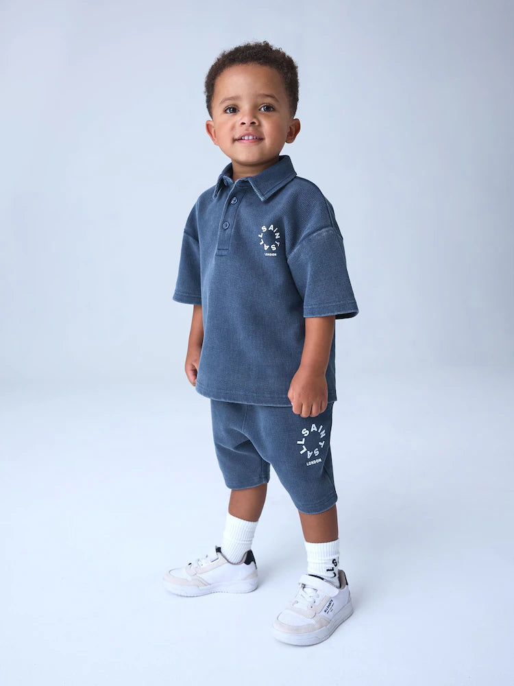 smALLSAINTS Blue Tierra Waffle Polo Shirt and Shorts Set