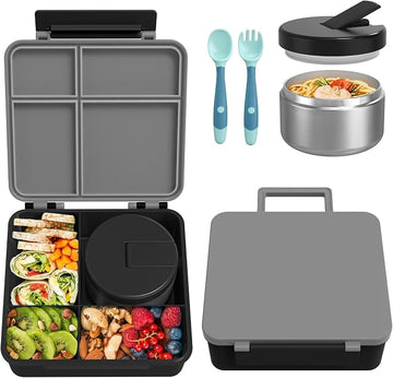Pawtong Bento Lunch Box with 8oz Soup Thermo, Kids Leakproof Lunch Food Containers with 4 Compartment, Kids Thermo Insulated Hot Food Jar for School, Trvael-Green