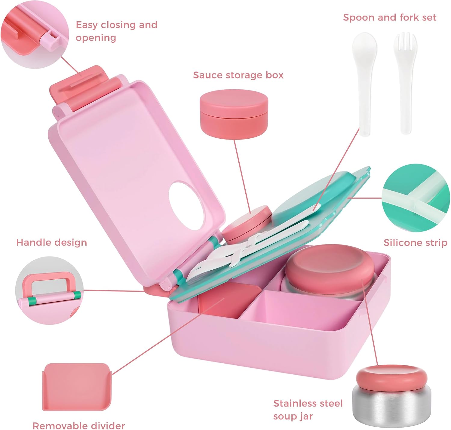 Bento Lunch Box Set for Kids & Adults, Leakproof 4-Compartment Container with Insulated Stainless Steel Food Jar, Utensils, BPA-Free, Microwave & Dishwasher Safe for School Work Travel（Pink）