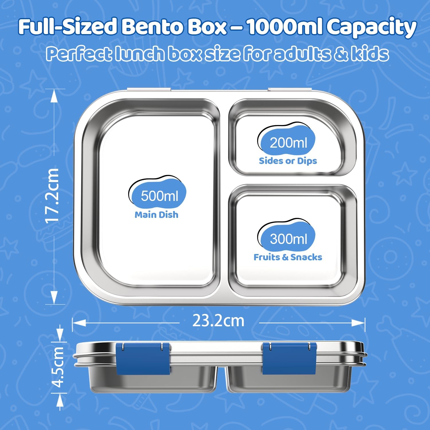 Stainless Steel Bento Box for Kids 1000ml - 3 Compartment Lunch Box for Adults, Leakproof Food Container, BPA-Free Metal Lunch Box with Silicone Seal, Eco-Friendly/Dishwasher Safe (Pink)