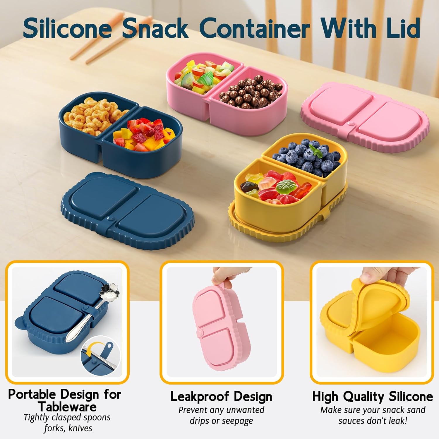 3 Pack Reusable Silicone Snack Containers with Lids, 2 Compartment Leakproof Food Storage Containers, BPA-Free Portable Snack Boxes for Lunch, School, Adults