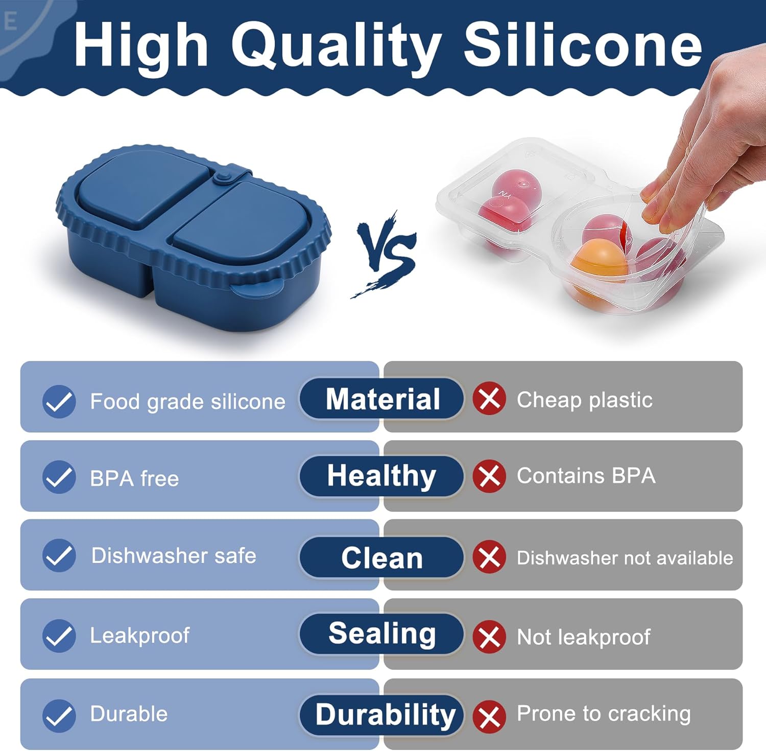 3 Pack Reusable Silicone Snack Containers with Lids, 2 Compartment Leakproof Food Storage Containers, BPA-Free Portable Snack Boxes for Lunch, School, Adults