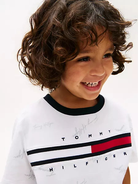 Tommy Hilfiger Boys Signature Flag Stripe Logo White T-Shirt
