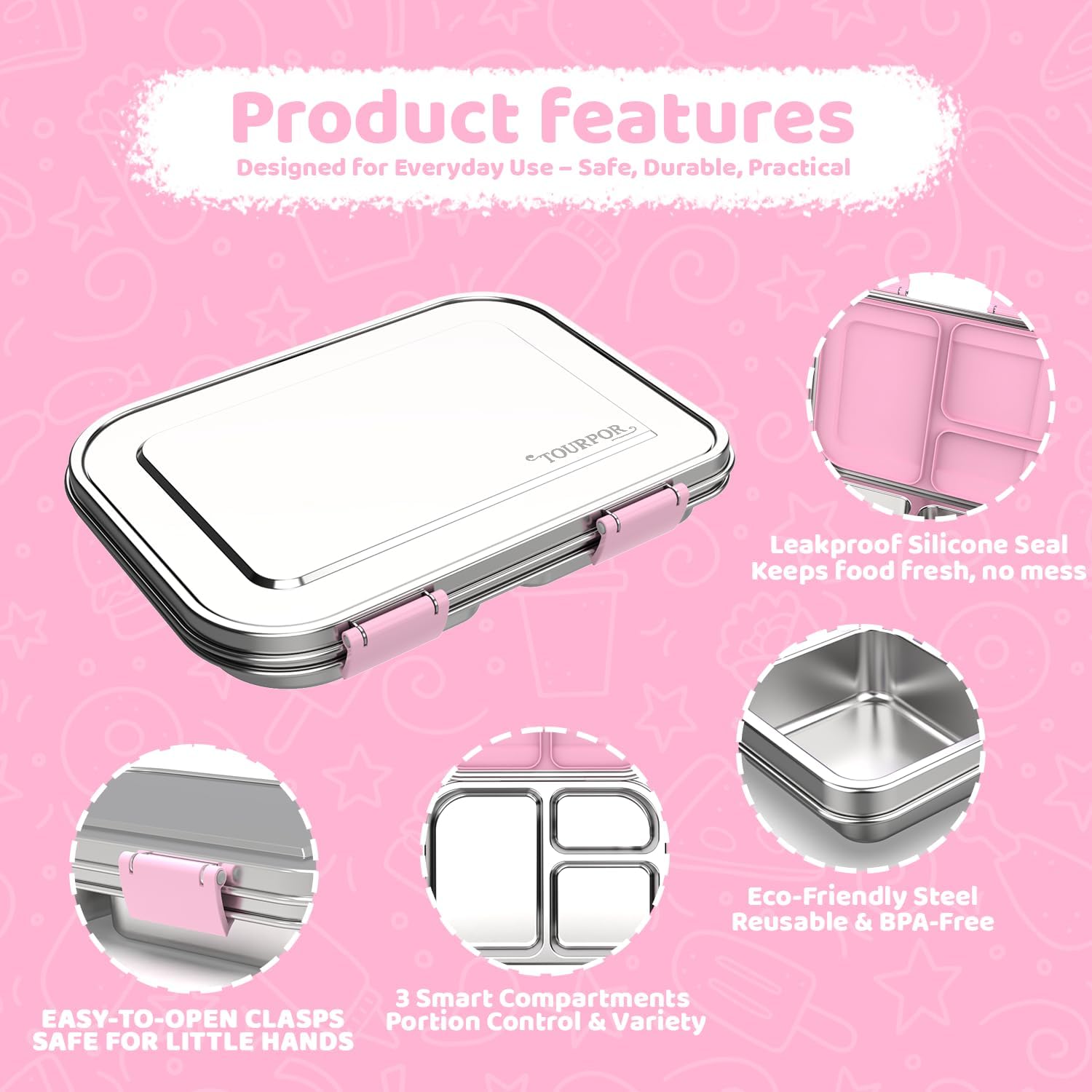 Stainless Steel Bento Box for Kids 1000ml - 3 Compartment Lunch Box for Adults, Leakproof Food Container, BPA-Free Metal Lunch Box with Silicone Seal, Eco-Friendly/Dishwasher Safe (Blue)