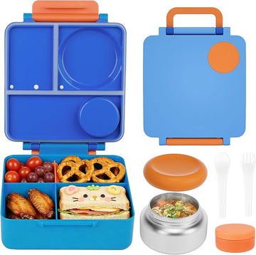 FOOYOO Bento Lunch Box Set for Kids & Adults, Leakproof 4-Compartment Container with Insulated Stainless Steel Food Jar, Utensils, BPA-Free, Microwave & Dishwasher Safe for School Work Travel (Blue)
