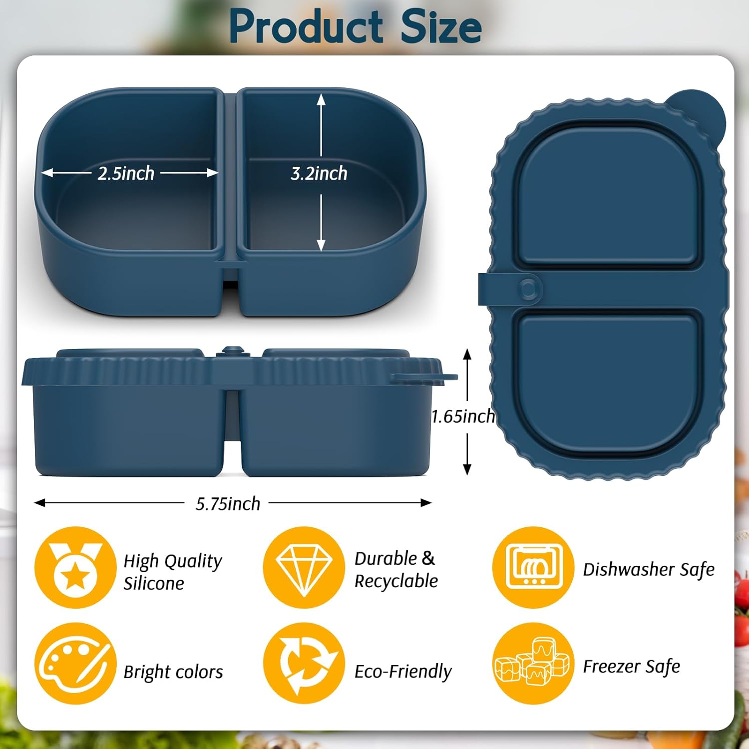3 Pack Reusable Silicone Snack Containers with Lids, 2 Compartment Leakproof Food Storage Containers, BPA-Free Portable Snack Boxes for Lunch, School, Adults