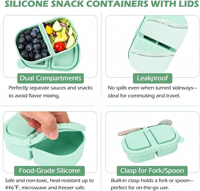 YQL 3 Pack Premium Silicone Reusable Snack Containers with Lids, Double Compartment Snack Box for Kids, Portable Food Containers for Sauce and Salad, Leakproof Snackle Packs for School, Picnic, Office