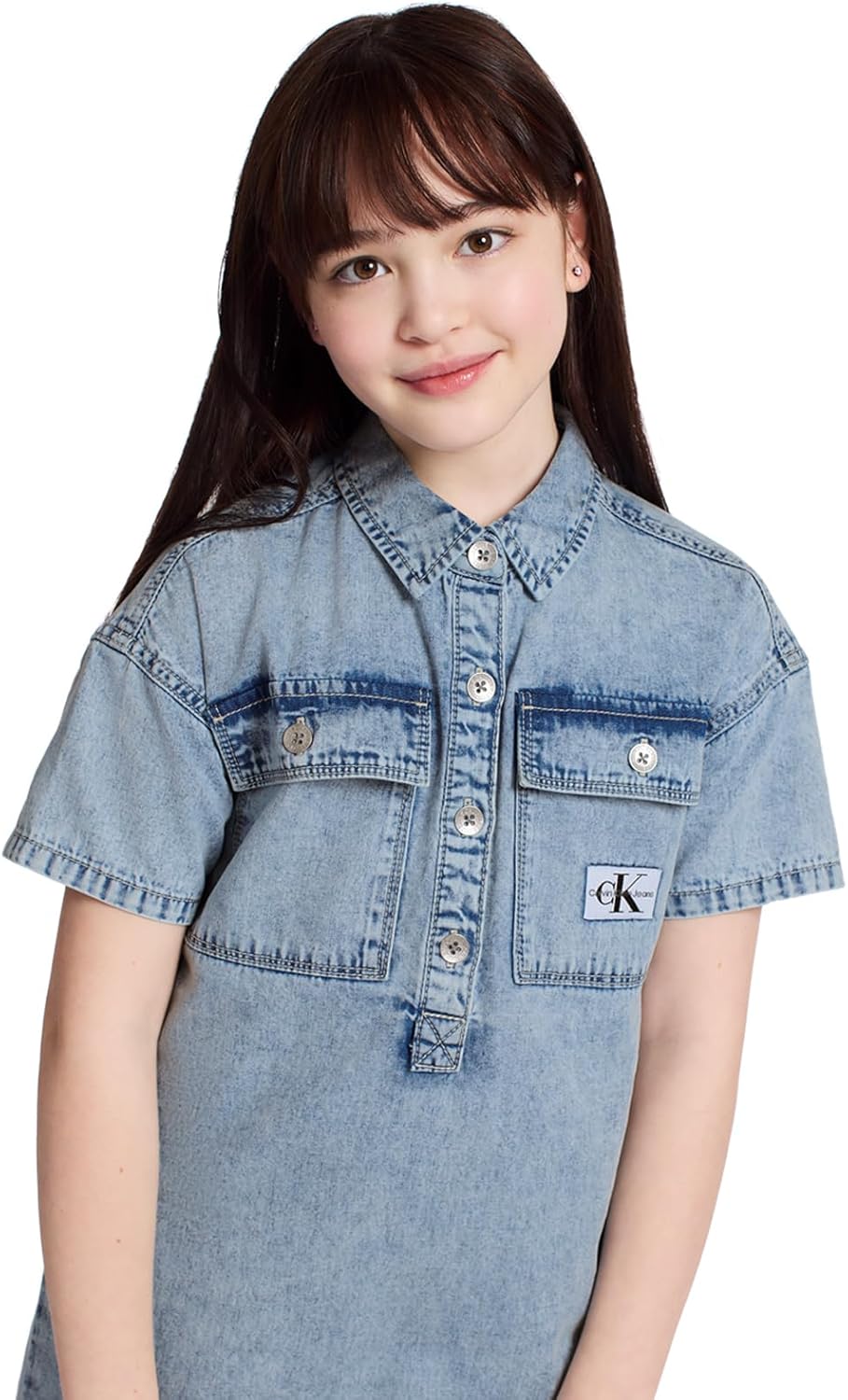 Calvin Klein Girls' Short Sleeve Lightweight Chambray Denim Shirt Dress