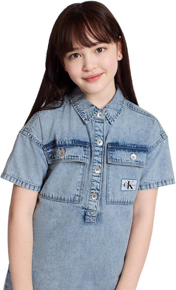 Calvin Klein Girls' Short Sleeve Lightweight Chambray Denim Shirt Dress