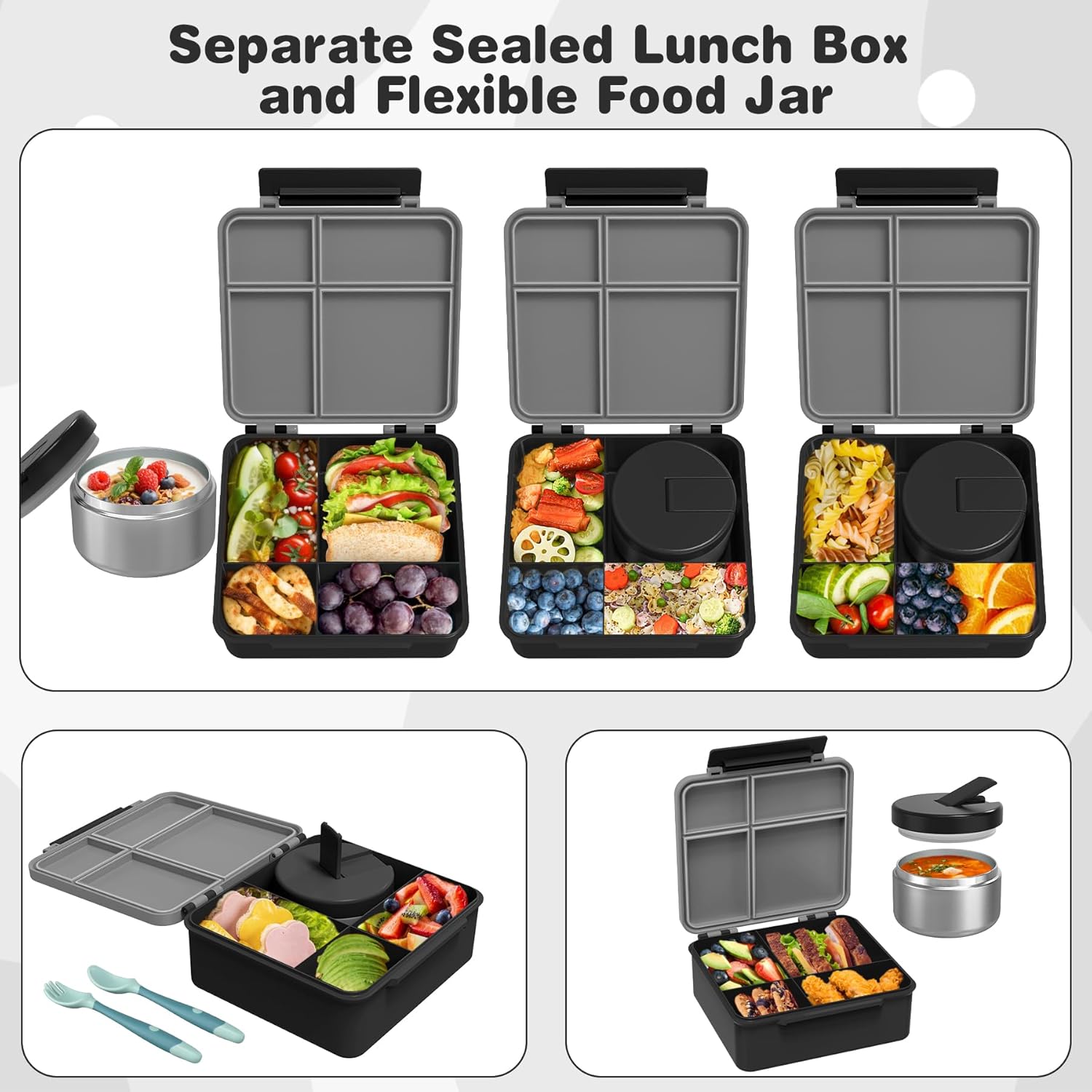 Bento Lunch Box with 8oz Soup Thermo, Kids Leakproof Lunch Food Containers with 4 Compartment, Kids Thermo Insulated Hot Food Jar for School, Trvael-Green