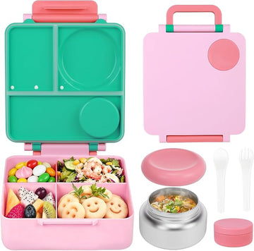 FOOYOO Bento Lunch Box Set for Kids & Adults, Leakproof 4-Compartment Container with Insulated Stainless Steel Food Jar, Utensils, BPA-Free, Microwave & Dishwasher Safe for School Work Travel（Pink）