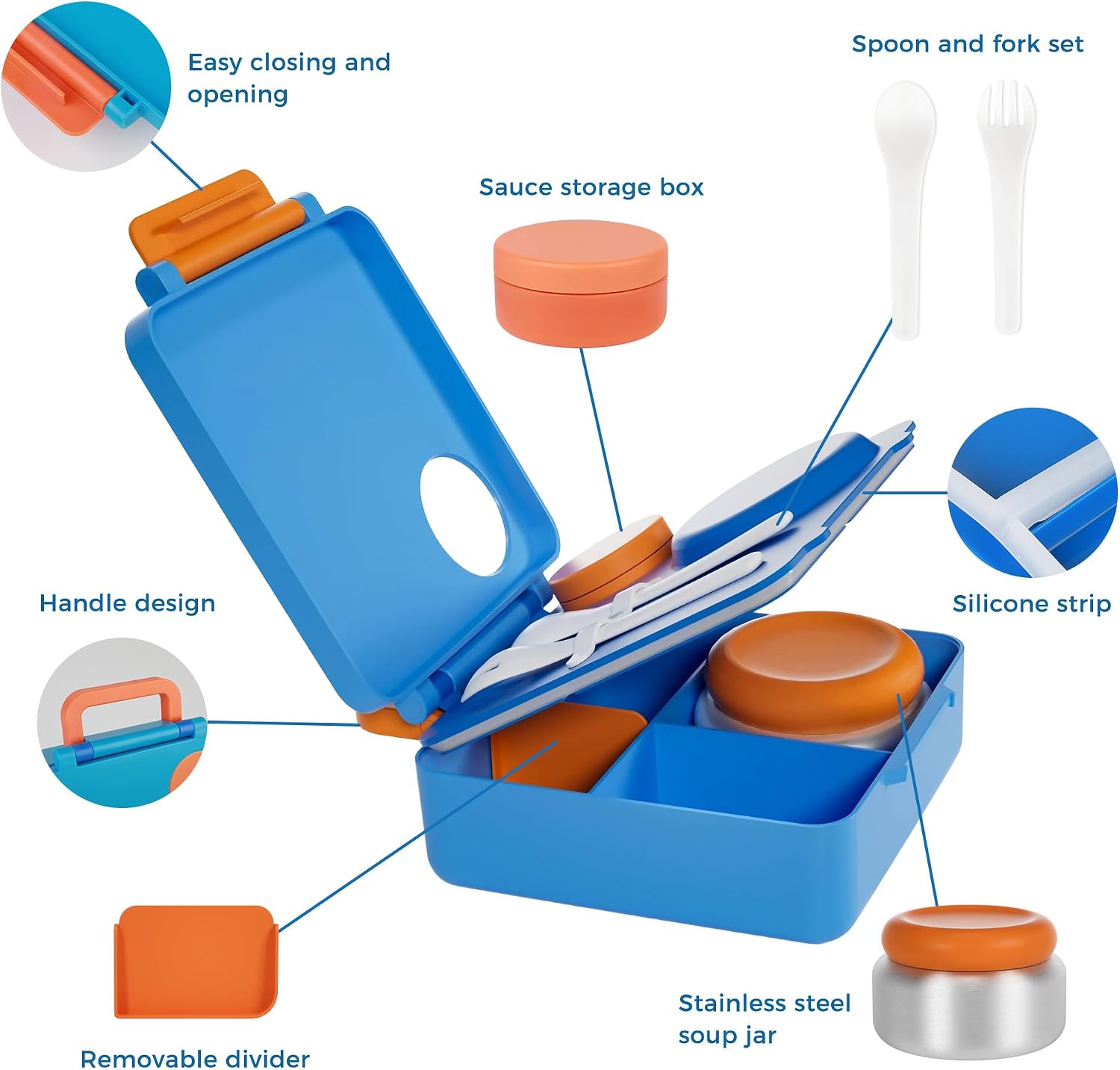 Bento Lunch Box Set for Kids & Adults, Leakproof 4-Compartment Container with Insulated Stainless Steel Food Jar, Utensils, BPA-Free, Microwave & Dishwasher Safe for School Work Travel (Blue)