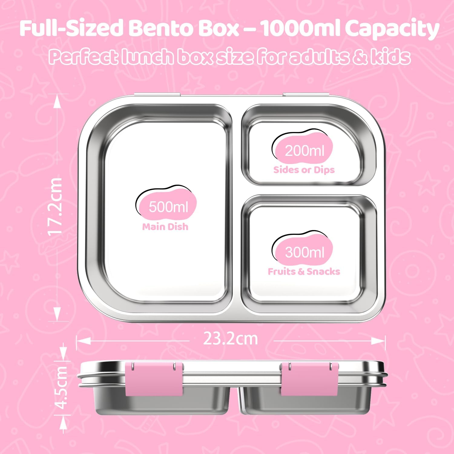 Stainless Steel Bento Box for Kids 1000ml - 3 Compartment Lunch Box for Adults, Leakproof Food Container, BPA-Free Metal Lunch Box with Silicone Seal, Eco-Friendly/Dishwasher Safe (Blue)