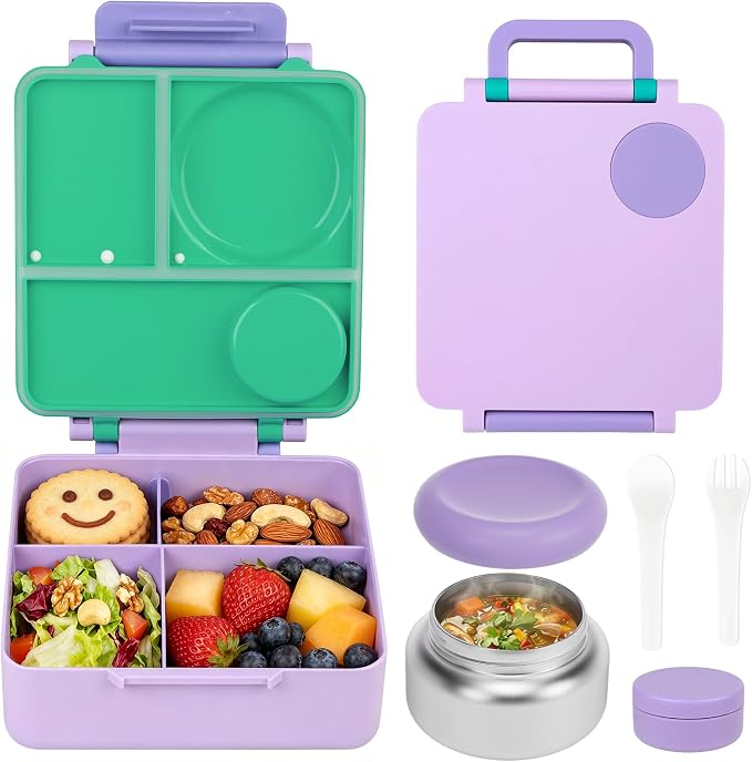 FOOYOO Bento Lunch Box Set for Kids & Adults, Leakproof 4-Compartment Container with Insulated Stainless Steel Food Jar, Utensils, BPA-Free, Microwave & Dishwasher Safe for School Work Travel (Purple)
