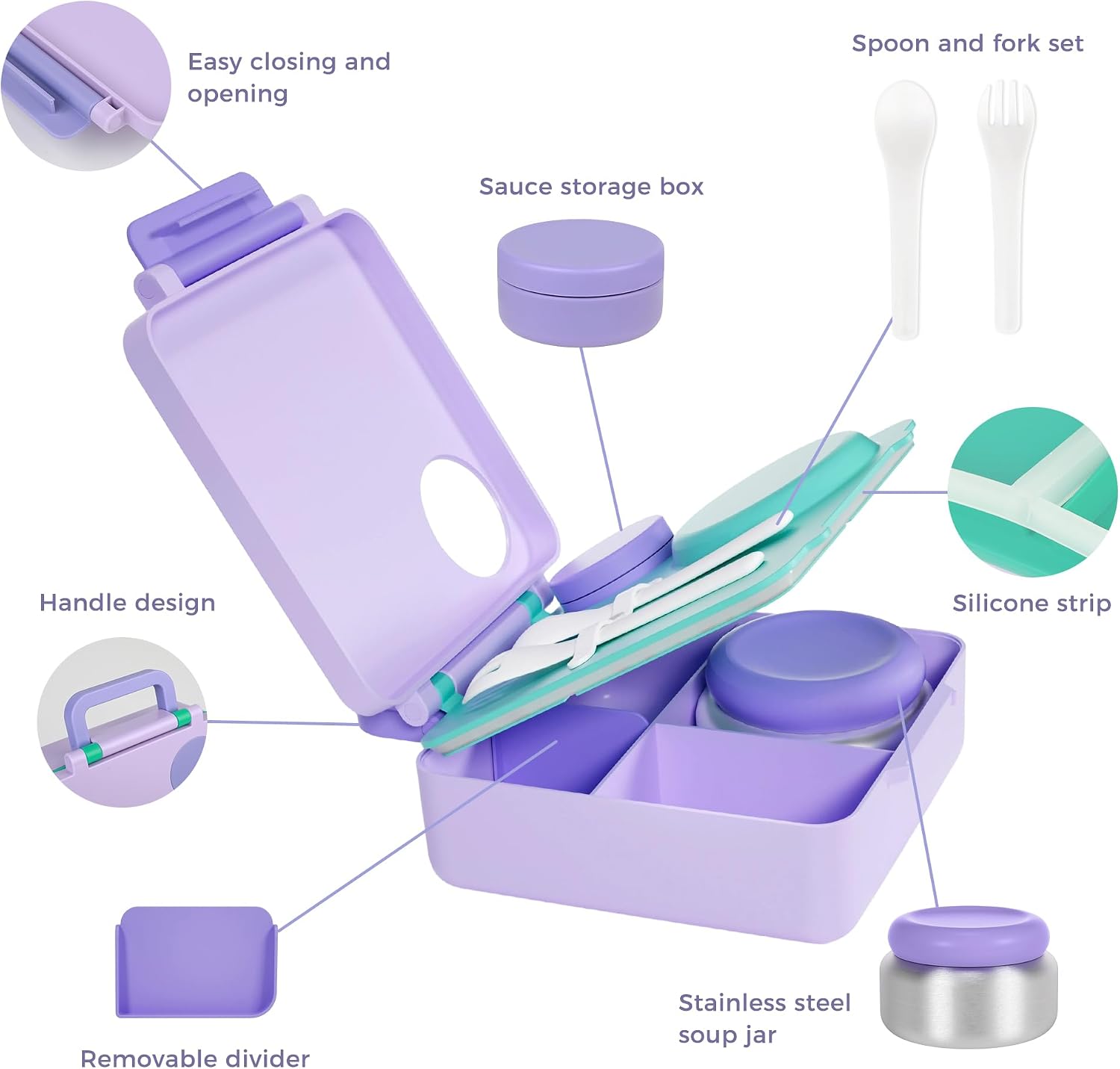 Bento Lunch Box Set for Kids & Adults, Leakproof 4-Compartment Container with Insulated Stainless Steel Food Jar, Utensils, BPA-Free, Microwave & Dishwasher Safe for School Work Travel (Purple)
