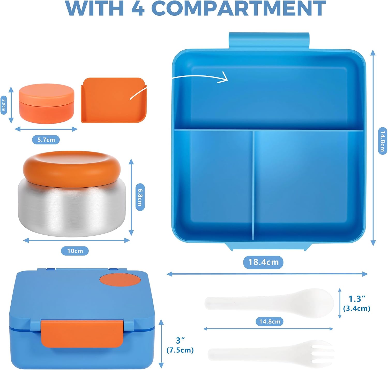 Bento Lunch Box Set for Kids & Adults, Leakproof 4-Compartment Container with Insulated Stainless Steel Food Jar, Utensils, BPA-Free, Microwave & Dishwasher Safe for School Work Travel (Blue)