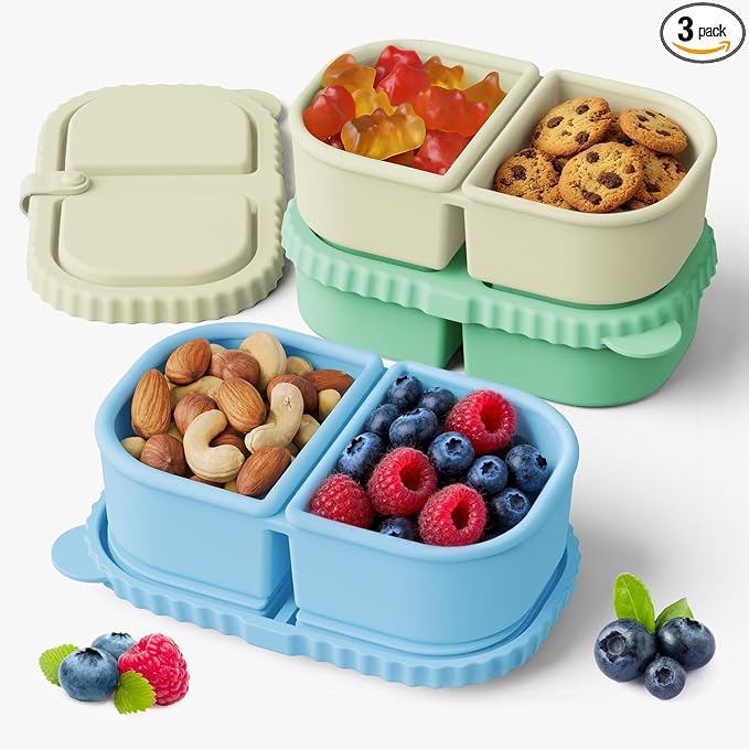 YQL 3 Pack Premium Silicone Reusable Snack Containers with Lids, Double Compartment Snack Box for Kids, Portable Food Containers for Sauce and Salad, Leakproof Snackle Packs for School, Picnic, Office