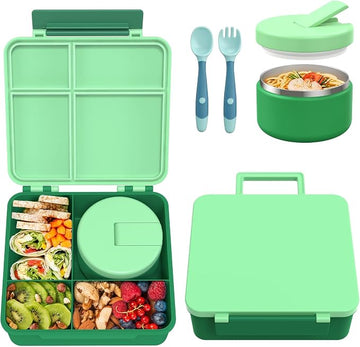 Pawtong Bento Lunch Box with 8oz Soup Thermo, Kids Leakproof Lunch Food Containers with 4 Compartment, Kids Thermo Insulated Hot Food Jar for School, Trvael（Blue