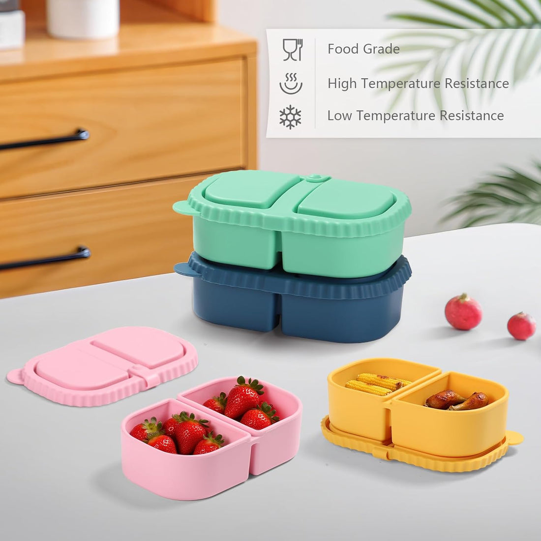 Yrarbil Silicone Snack Containers, 2 Pack Reusable Double Compartment Silicone Snack Boxes with Lids, Fruit and Salad Dressing Sauce Seasoning Container(Blue Green)