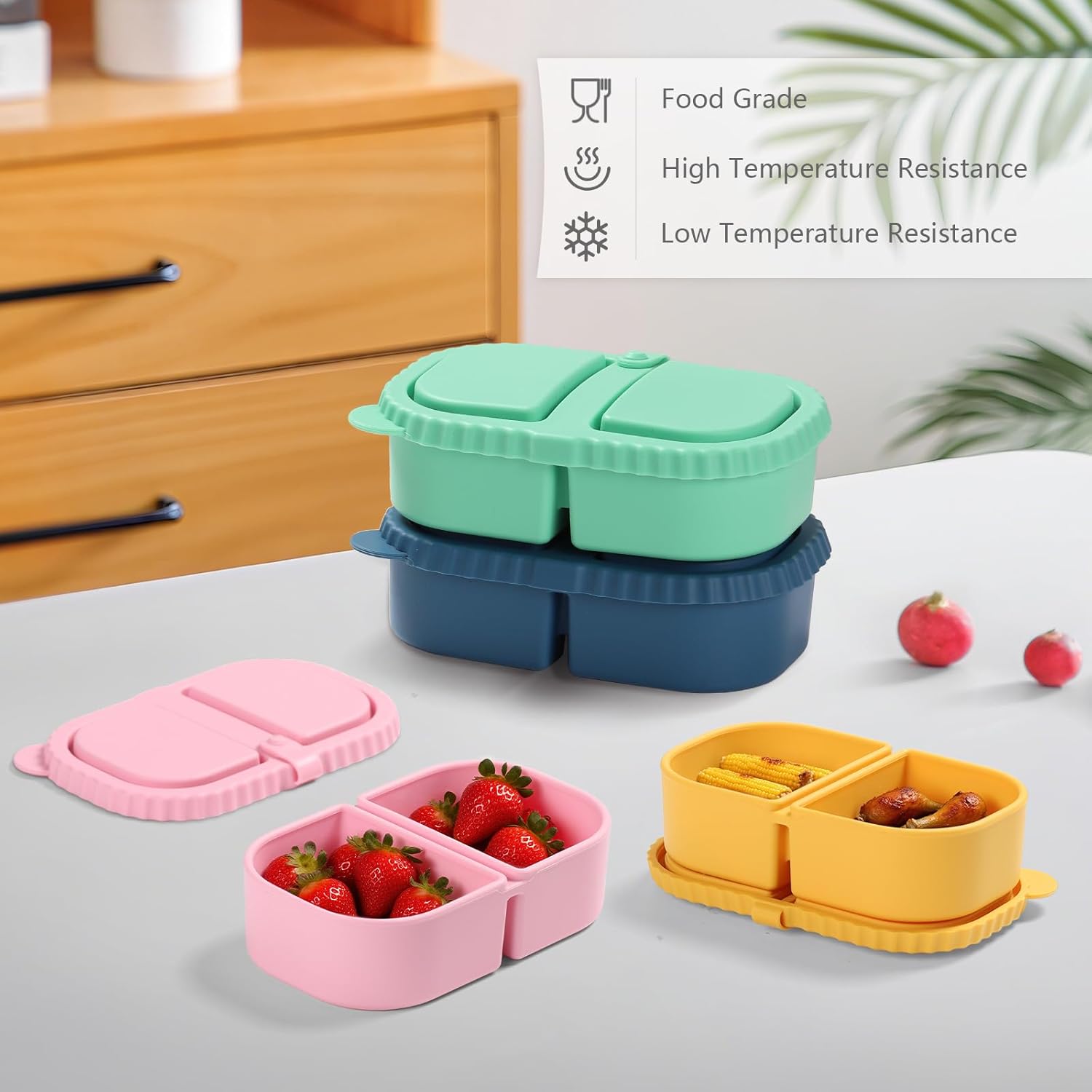2 Pack Reusable Double Compartment Silicone Snack Boxes with Lids, Fruit and Salad Dressing Sauce Seasoning Container(Blue Green)
