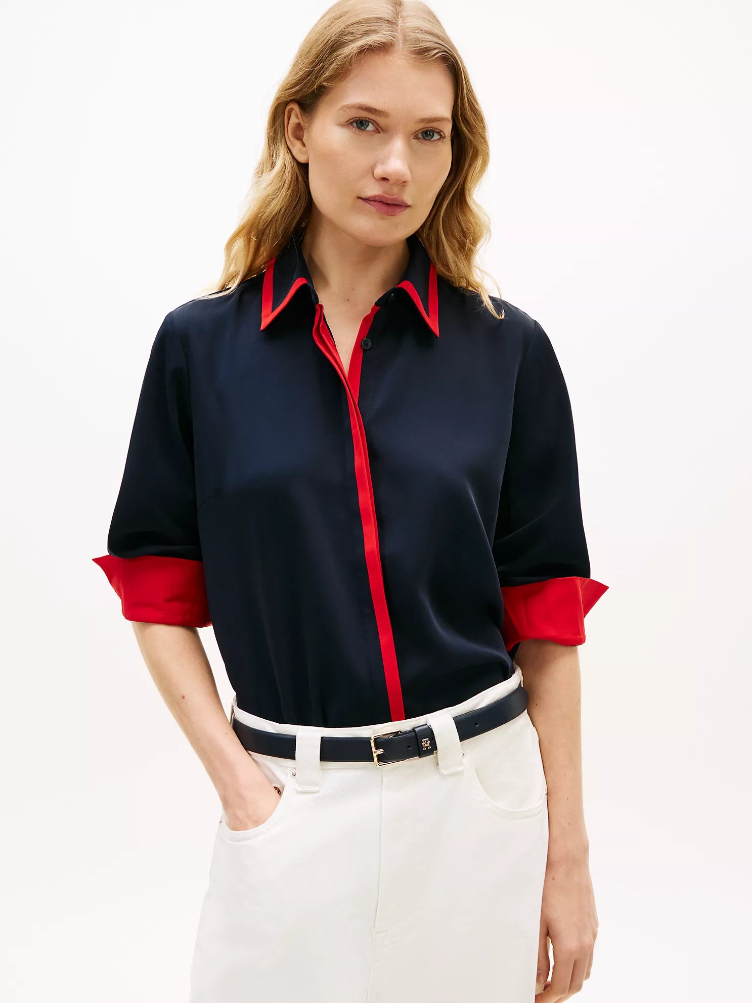 woman Long-Sleeve Contrast Crepe Shirt Tommy Hilfiger