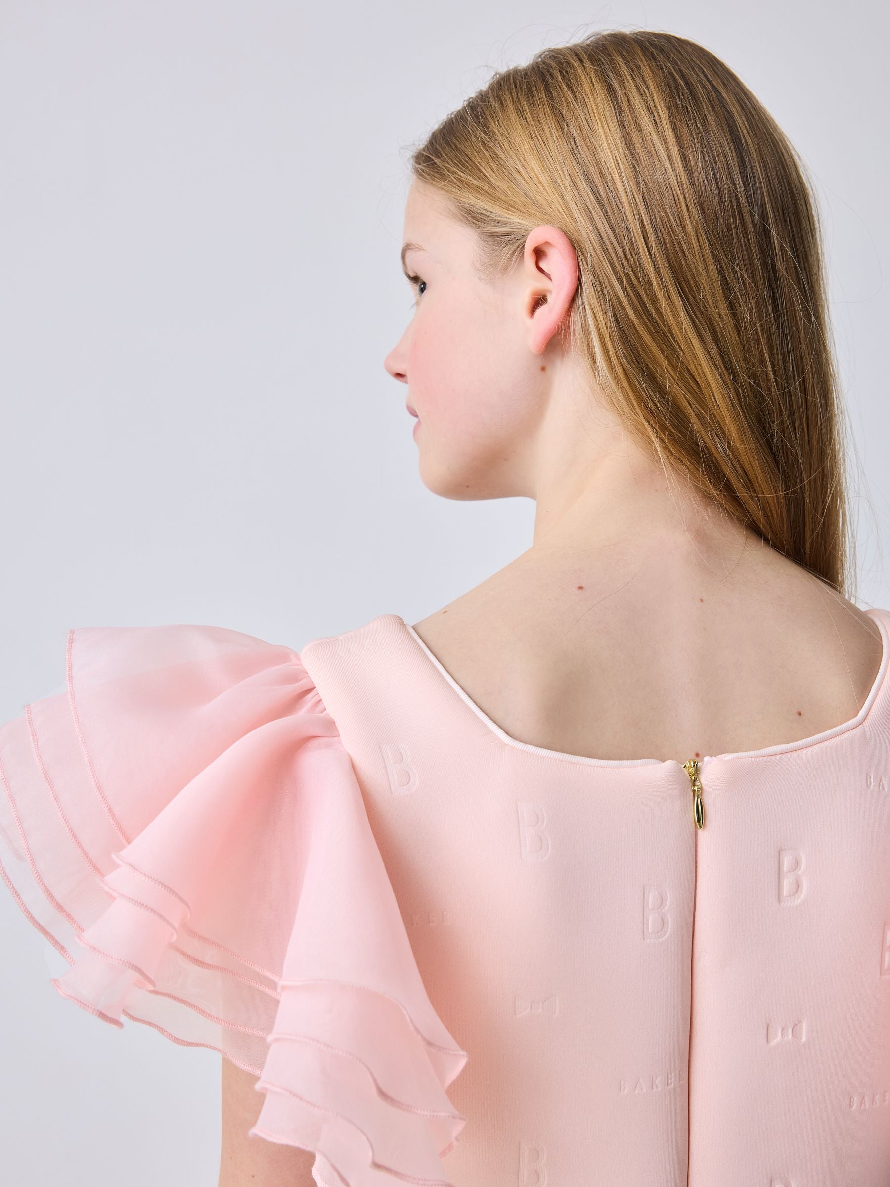 Baker by Ted Baker Pink Organza Frill Sleeve Embossed Scuba Dress