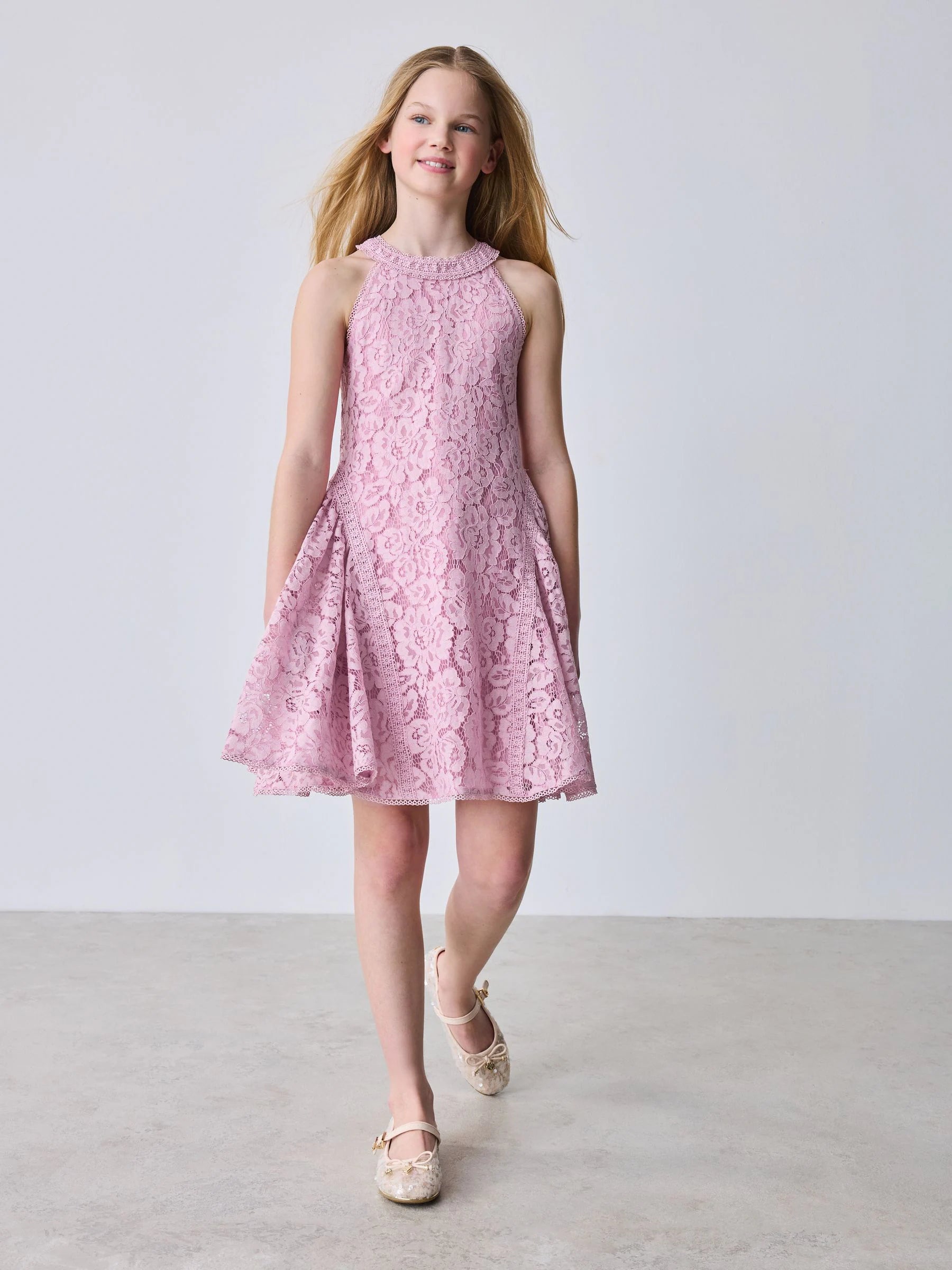 Baker by Ted Baker Dusky Pink Lace Halter Drop Waist Dress